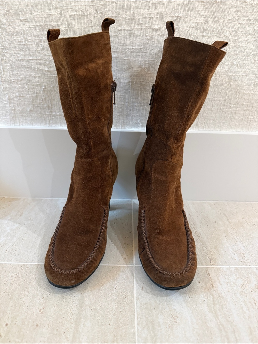 Anne Klein Brown Suede Mid-Calf Heeled Boots